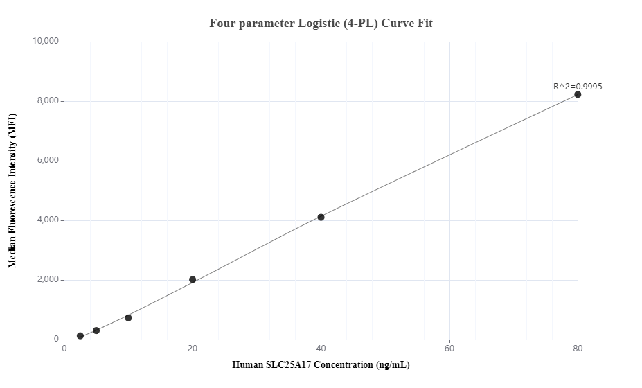 Cytometric bead array standard curve of MP00409-1, SLC25A17 Recombinant Matched Antibody Pair, PBS Only. Capture antibody: 83404-2-PBS. Detection antibody: 83404-1-PBS. Standard: Ag34310. Range: 2.5-80 ng/mL.  